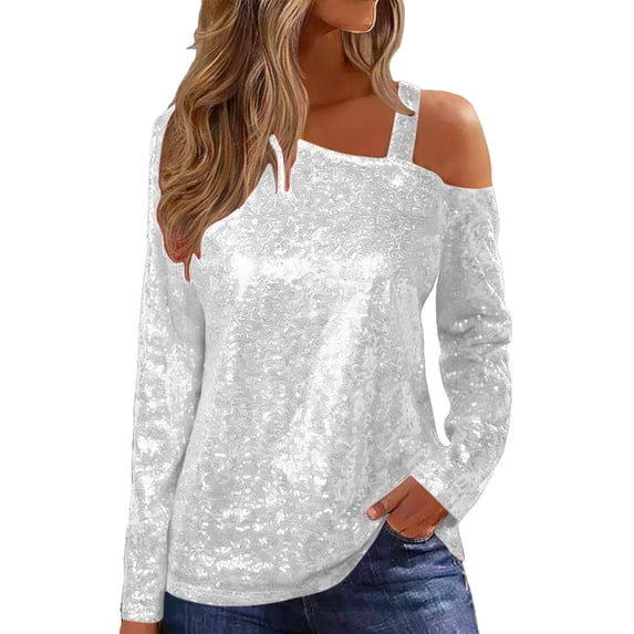 Casual Off Shoulder Sequin Tops for Women Evening Party Sparkly Glitter Long Sleeve Pullover Tunic T-Shirt
