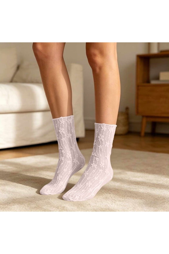 Women Ruffle Socks Womens Lace Crew Socks, Sheer Mesh Floral Socks, Thin Casual for Summer Daily Wear One Size