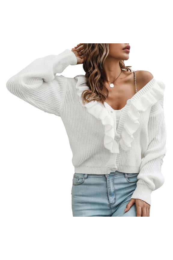 Women Ruffle Sweater V Neck Loose Comfortable Fashionable Female Knit Sweater for Working Dating White S