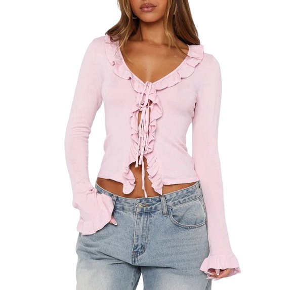 Women Ruffle Tie Front Cardigan Sweater Long Bell Sleeve Cropped Knit Sweater Top Pink M