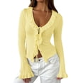 thumbnail image 1 of Women Ruffle Tie Front Cardigan Sweater Long Bell Sleeve Cropped Knit Sweater Top Yellow L, 1 of 7