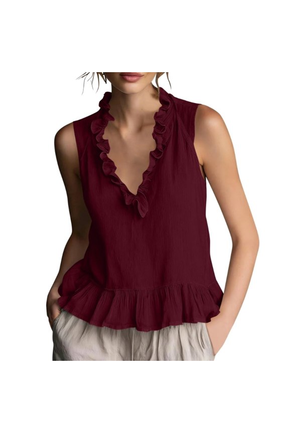 Women Ruffle Top Linen Pleated Peplum Vest Flowy Cropped Shirt Clothes