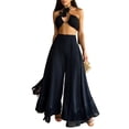 thumbnail image 1 of Women Ruffle Trim High Waisted Tassel Hem Flowy Pleated Boho Modest Wide Leg Pants Black L, 1 of 8
