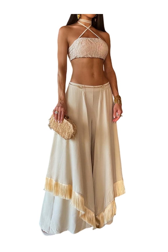 Women Ruffle Trim High Waisted Tassel Hem Flowy Pleated Boho Modest Wide Leg Pants Color L