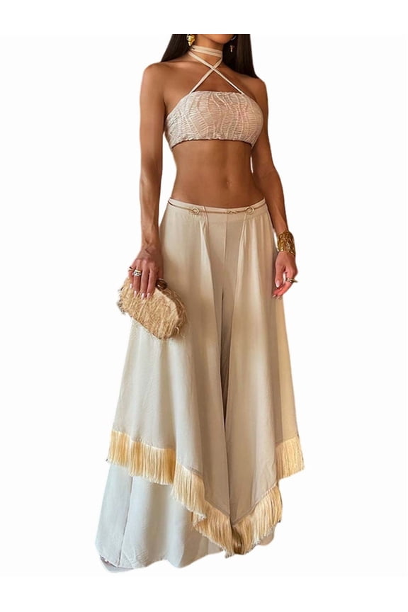 Women Ruffle Trim High Waisted Tassel Hem Flowy Pleated Boho Modest Wide Leg Pants Color S