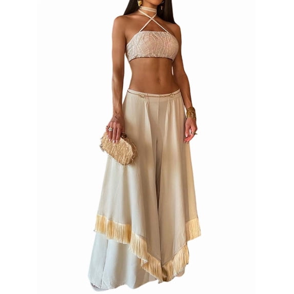 Women Ruffle Trim High Waisted Tassel Hem Flowy Pleated Boho Modest Wide Leg Pants Color S