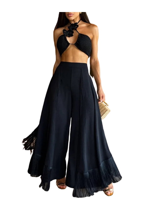Women Ruffle Trim High Waisted Tassel Hem Flowy Pleated Boho Modest Wide Leg Pants