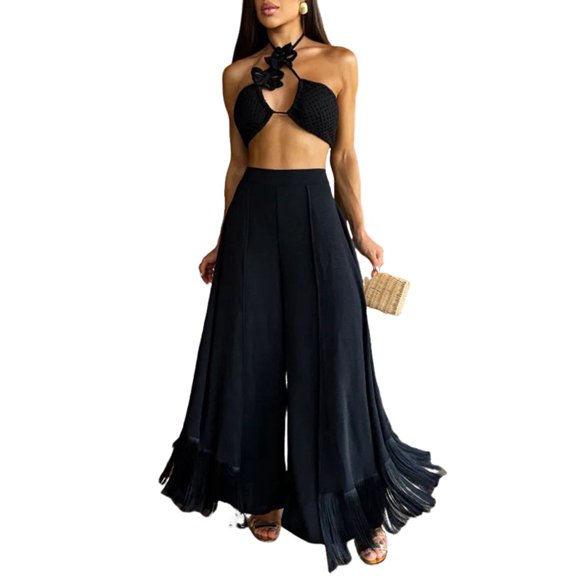 Women Ruffle Trim High Waisted Tassel Hem Flowy Pleated Boho Modest Wide Leg Pants