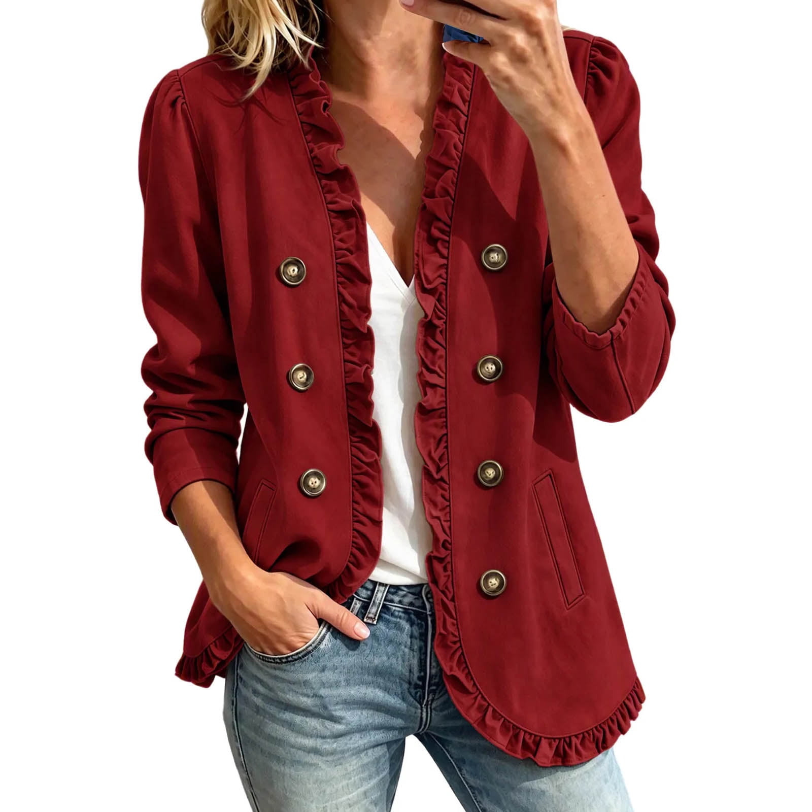 Women Ruffle Trim Jacket Long Sleeve Casual Blazer Open Front ...