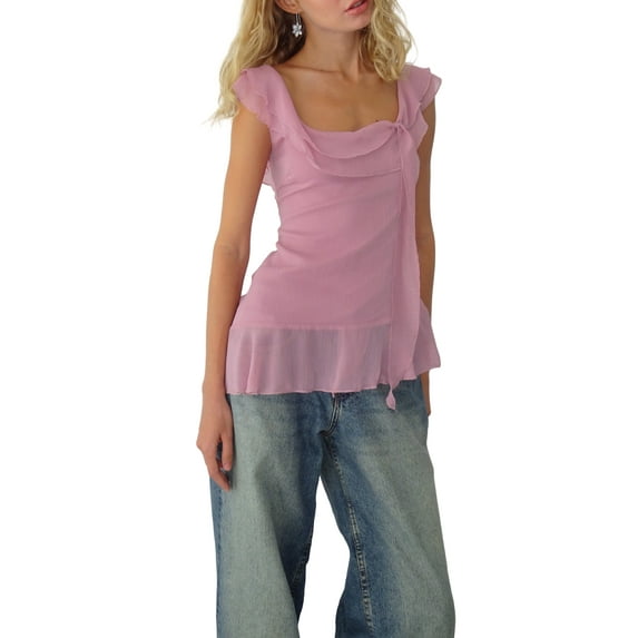 Women Ruffle Trim Tank Tops Sleeveless Square Neck Solid Color Chiffon Tops Vest Summer Shirts