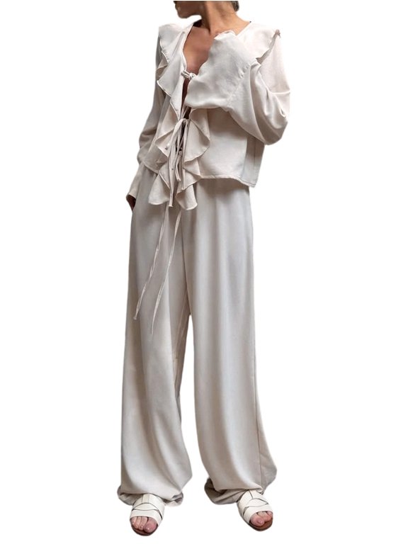 Women Ruffle V Neck Tie Front Flare Sleeve Crop Shirt Wide Leg Pants 2 Piece Casual Outfit Set Color S