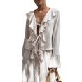 thumbnail image 1 of Women Ruffle V Neck Tie Front Flare Sleeve Crop Shirt Wide Leg Pants 2 Piece Casual Outfit Set Color S, 1 of 10