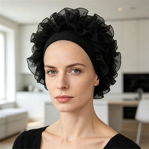 Women Ruffled Chiffon Head JIANLAI Wrap Turban with Large Side Flower Decor Stretch Soft Hair Cover Headband Multi Solid Color Formal Event Daily Fashion Headwear