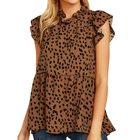 Women Ruffled Sleeve Button Closure Polka Dots Printed Pleated Shirt,2XL