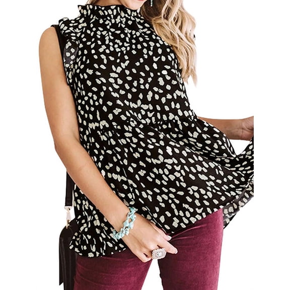 Women Ruffled Sleeve Button Closure Polka Dots Printed Pleated Shirt,2XL
