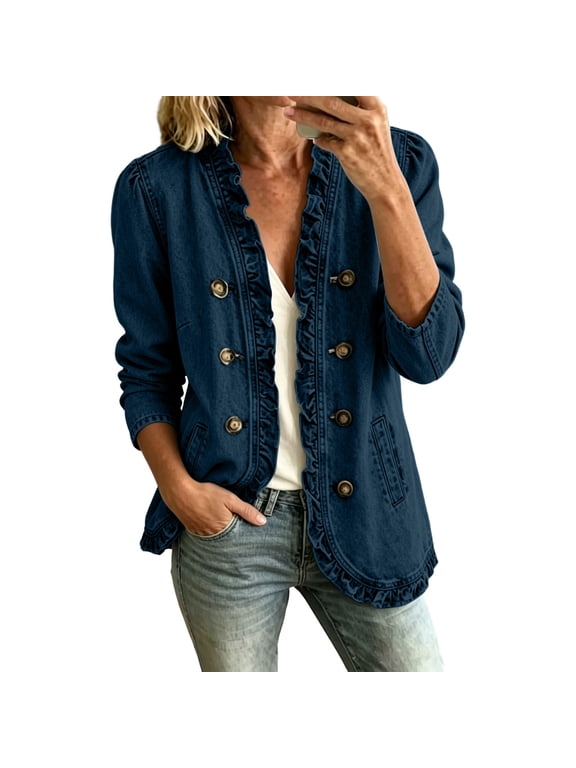 Women Ruffled Trim Denim Jacket, V Neck Double Breasted Long Sleeve Coat, Cropped Slim Fit Casual Jean Outerwear with Side Pocket for Daily Wear Dark Blue,L
