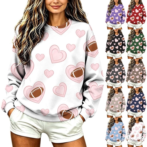 Women Rugby Football Print Crew Neck Sweatshirt Long Sleeve Loose Pullover Top Fashion Casual Loungewear Shirt for Home & Spring Autumn Daily Streetwear S-5XL White