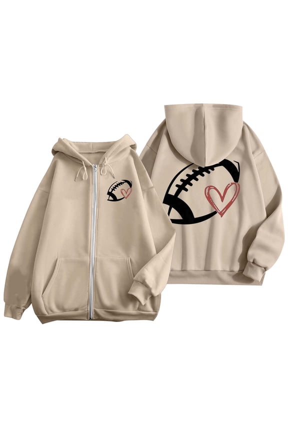 Women Rugby Printed Zip Up Hoodie Long Sleeve Drawstring Sweatshirt with Pocket Casual Athletic Jacket Beige