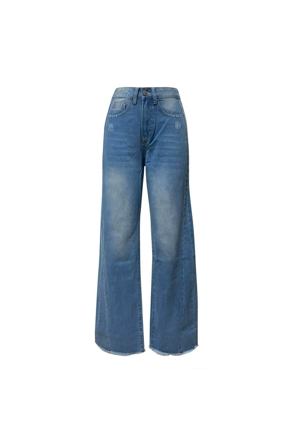 Women Rugged Denim High Waisted Wide Leg Pants Loose Washed Jeans