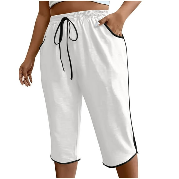 Women Running Capris Breathable New Capris Jogger Sweatpants for Women Stretch Waist Drawstring Pants Casual Comfy Athletic Cropped Pant with Pockets White XL