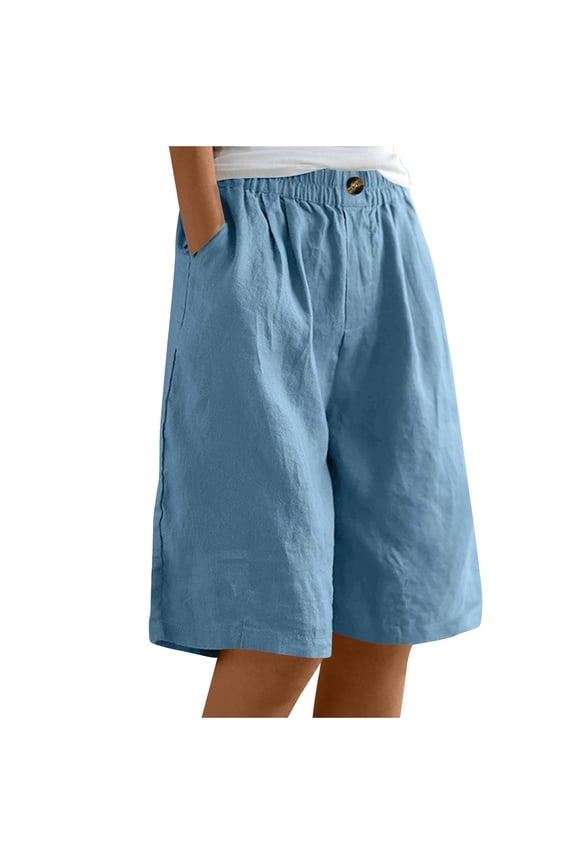 Women Running Shorts Womens Wide Leg Cotton Linen Shorts, Loose Casual Comfy Bermuda Shorts, Summer Knee Length Baggy Short Pants with Pockets Blue S