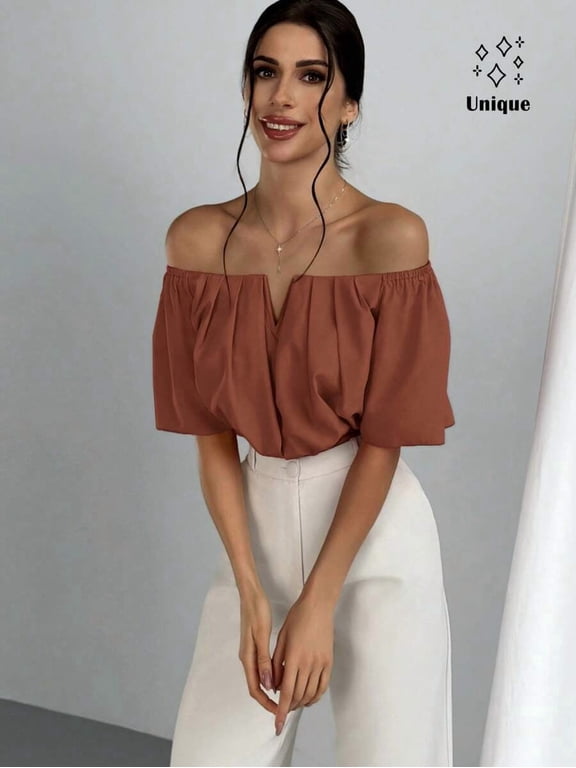 Women Rust Brown Off-Shoulder V-Neck Blouse With Puff Sleeves