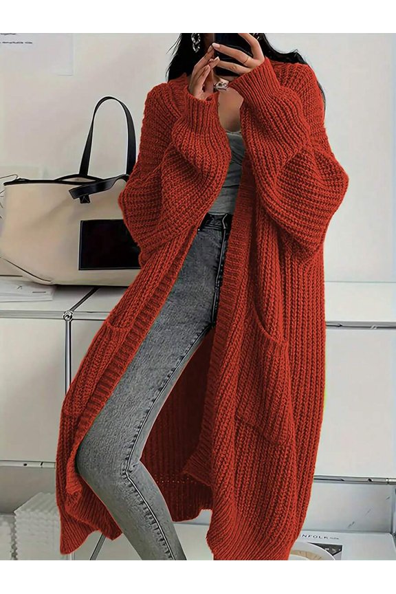 Women Rust Brown V-Neck Long Sleeve Ribbed Knit Pocket Cardigan Sweater