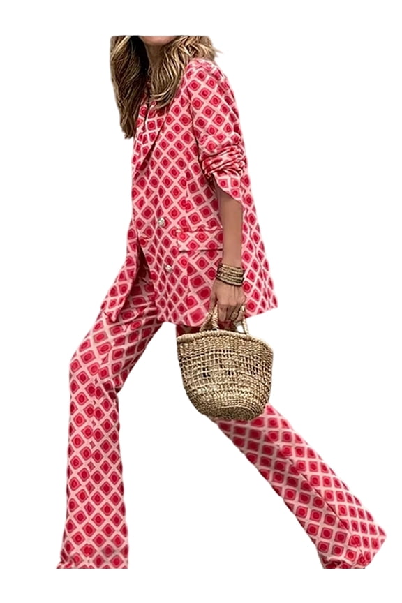 Women'S 2 PCS Printed Double-Breasted Blazer Jackets Bodycon Pants Cocktail Party Outfits Tracksuit Sweatsuit Set Red M