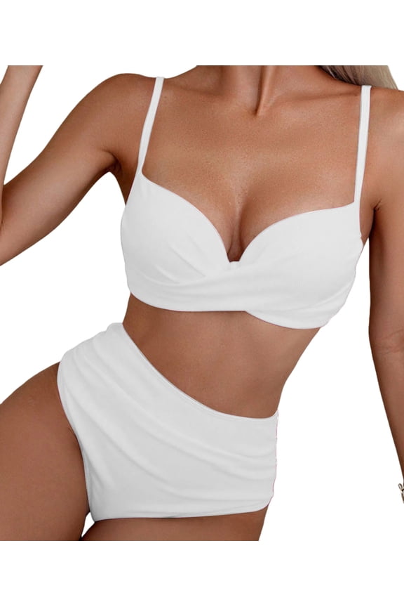 Women'S 2 Piece Bikini Set Spaghetti Strap High Cut Push Up Underwire Swimsuit White S