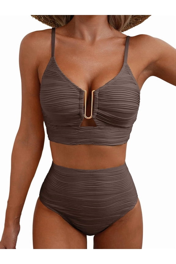 Women'S 2 Piece Bikini Set U-Wire Cutout Swimsuit High Waisted Textured Beach Swim Bathing Suits Coffee XS
