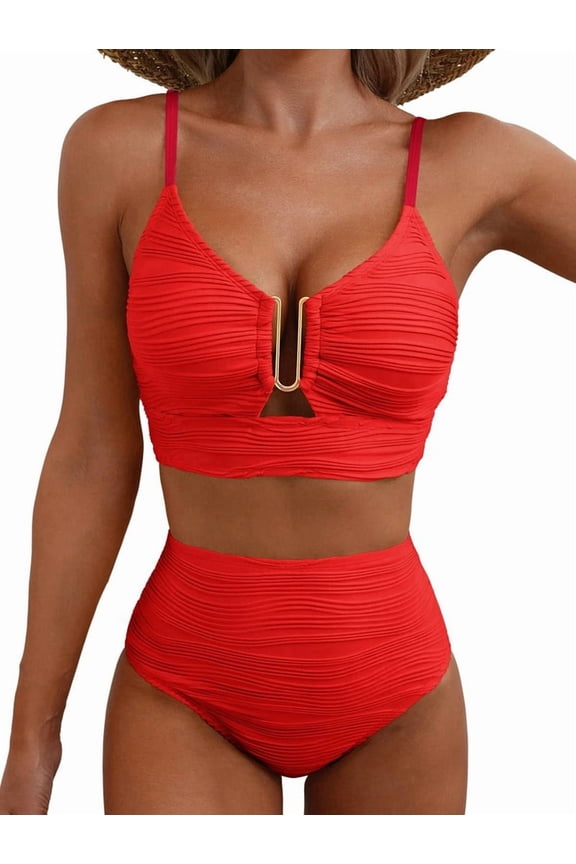 Women'S 2 Piece Bikini Set U-Wire Cutout Swimsuit High Waisted Textured Beach Swim Bathing Suits Red XS