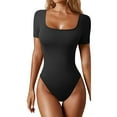 thumbnail image 1 of Women'S 2 Piece Bodysuits Ribbed Square Neck Short Sleeve Bodysuits Black S, 1 of 7