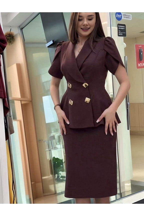 Women'S 2-Piece Business Suit with Blazer and Skirt for Formal Settings Dark Brown L