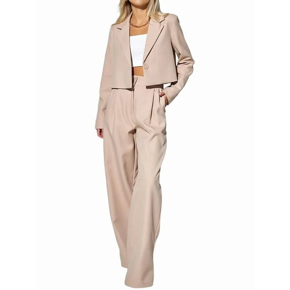 Women'S 2 Piece Casual Outfits Cropped Blazer Jackets High Waisted Wide Leg Work Pants Suit Set Apricot L