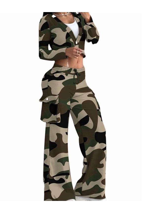 Women'S 2 Piece Casual Outfits Cropped Blazer Jackets High Waisted Wide Leg Work Pants Suit Set Army Green XL