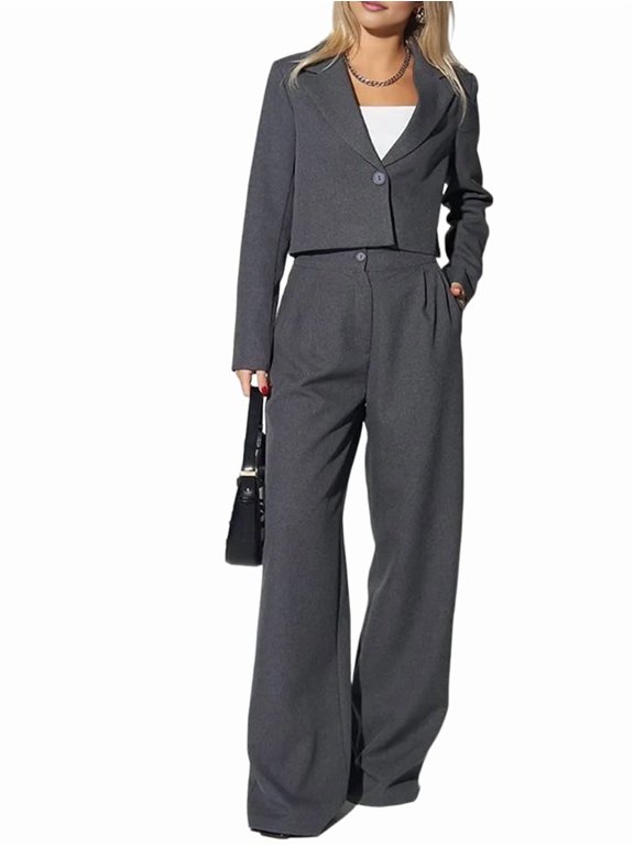 Women'S 2 Piece Casual Outfits Cropped Blazer Jackets High Waisted Wide Leg Work Pants Suit Set Dark Gray XXL