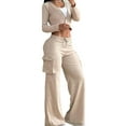 thumbnail image 1 of Women'S 2 Piece Casual Outfits Cropped Blazer Jackets High Waisted Wide Leg Work Pants Suit Set Khaki L, 1 of 6