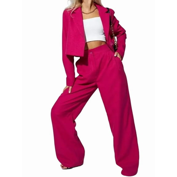 Women'S 2 Piece Casual Outfits Cropped Blazer Jackets High Waisted Wide Leg Work Pants Suit Set Rose Red L