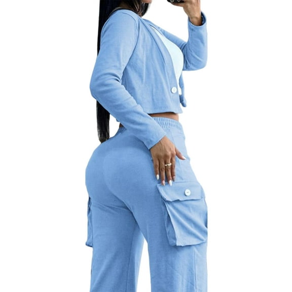 Women'S 2 Piece Casual Outfits Cropped Blazer Jackets High Waisted Wide Leg Work Pants Suit Set Sky Blue S