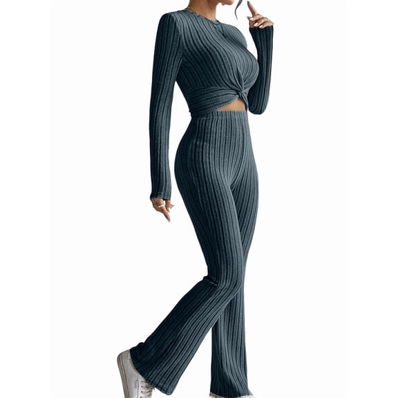 Women'S 2 Piece Casual Ribbed Knit Crew Neck Stretch Long Sleeve T-Shirt and Flare Pants Set Sea Blue L