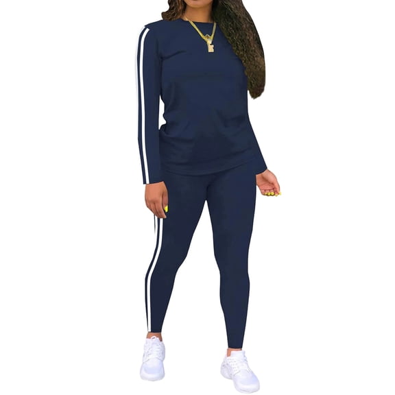 Women'S 2 Piece Classic Striped Outfits Sleeve Lounge Long Sweatpants Jogger Suit Sweatsuits Sets Dark Blue XXL