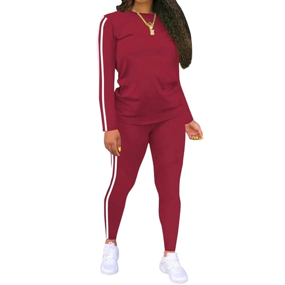 Women'S 2 Piece Classic Striped Outfits Sleeve Lounge Long Sweatpants Jogger Suit Sweatsuits Sets Wine Red L