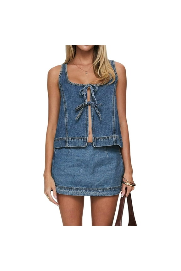 Women'S 2 Piece Denim Outfits Tie Up Sleeveless Top Shorts Set Tracksuit Y2k Two Piece Jeans Set Vacation Outfits Blue S