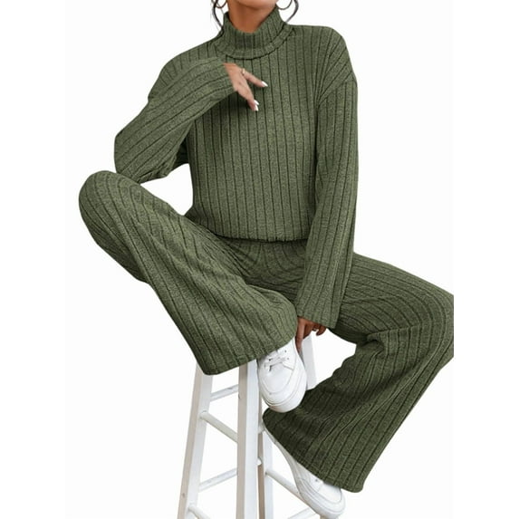 Women'S 2 Piece Fall Outfits Sets Travel Knit Pullover Tops and Wide Leg Pants Sweatsuit Lounge Sets Green M