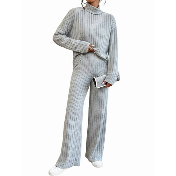 Women'S 2 Piece Fall Outfits Sets Travel Knit Pullover Tops and Wide Leg Pants Sweatsuit Lounge Sets Grey L