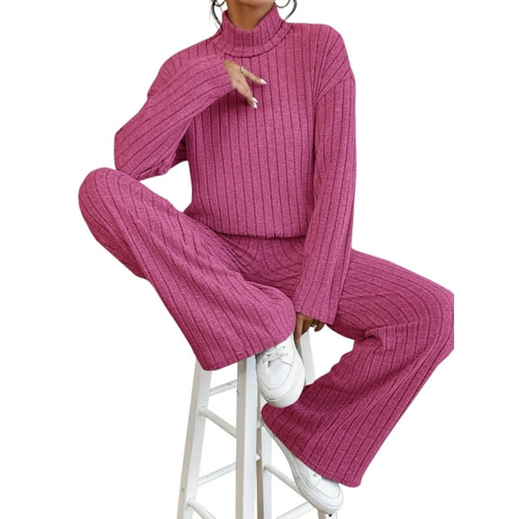 Women'S 2 Piece Fall Outfits Sets Travel Knit Pullover Tops and Wide Leg Pants Sweatsuit Lounge Sets Rose Red L