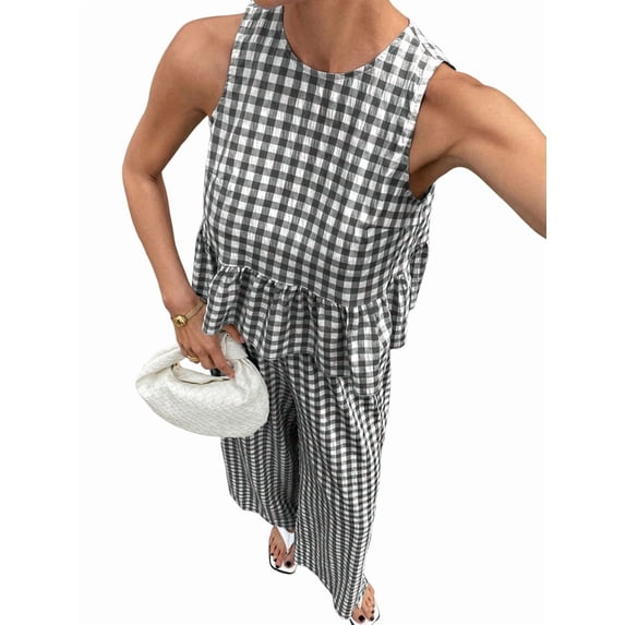 Women'S 2 Piece Gingham Set Summer Outfits Ruffle Tank Top and Wide Leg Pants Matching Lounge Set Black L