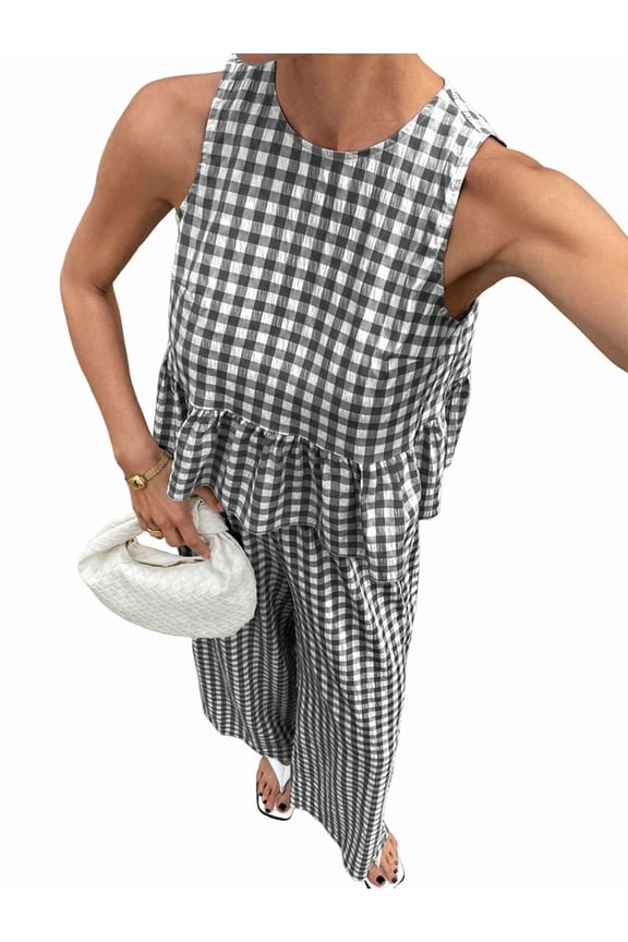 Women'S 2 Piece Gingham Set Summer Outfits Ruffle Tank Top and Wide Leg Pants Matching Lounge Set Black L