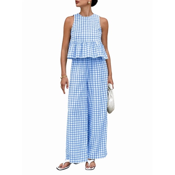 Women'S 2 Piece Gingham Set Summer Outfits Ruffle Tank Top and Wide Leg Pants Matching Lounge Set Blue M