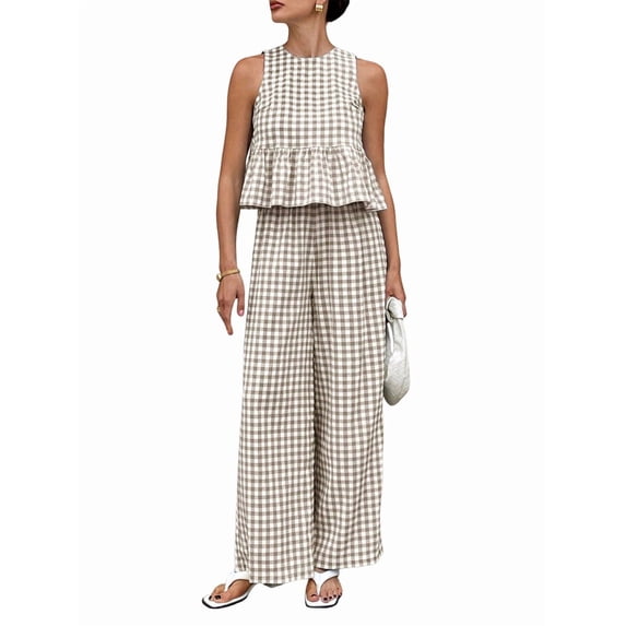 Women'S 2 Piece Gingham Set Summer Outfits Ruffle Tank Top and Wide Leg Pants Matching Lounge Set Brown M